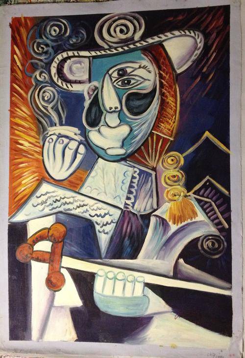 Abstract Oil Painting "Man & Sword" on unstretched canvas