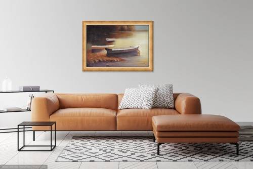 boats on river oil painting