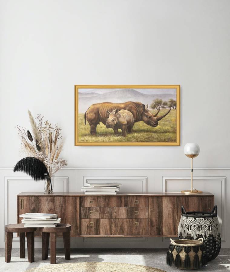 rhino wildlife oil painting