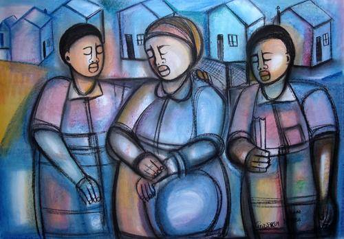 REDUCED !!!!!!!!!!!!!!!!   GODFREY NDABA "WAITING FOR THE BUS" PASTEL