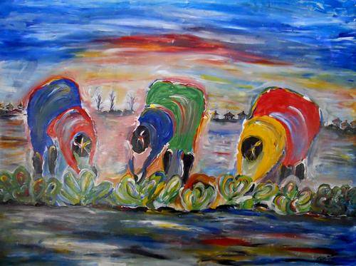 WAISON MUPEDZA, "FIELD WORKERS", OIL ON CANVAS,