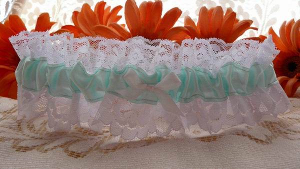 Beautiful Elegant Wedding Bridal Garter Mint Green on White