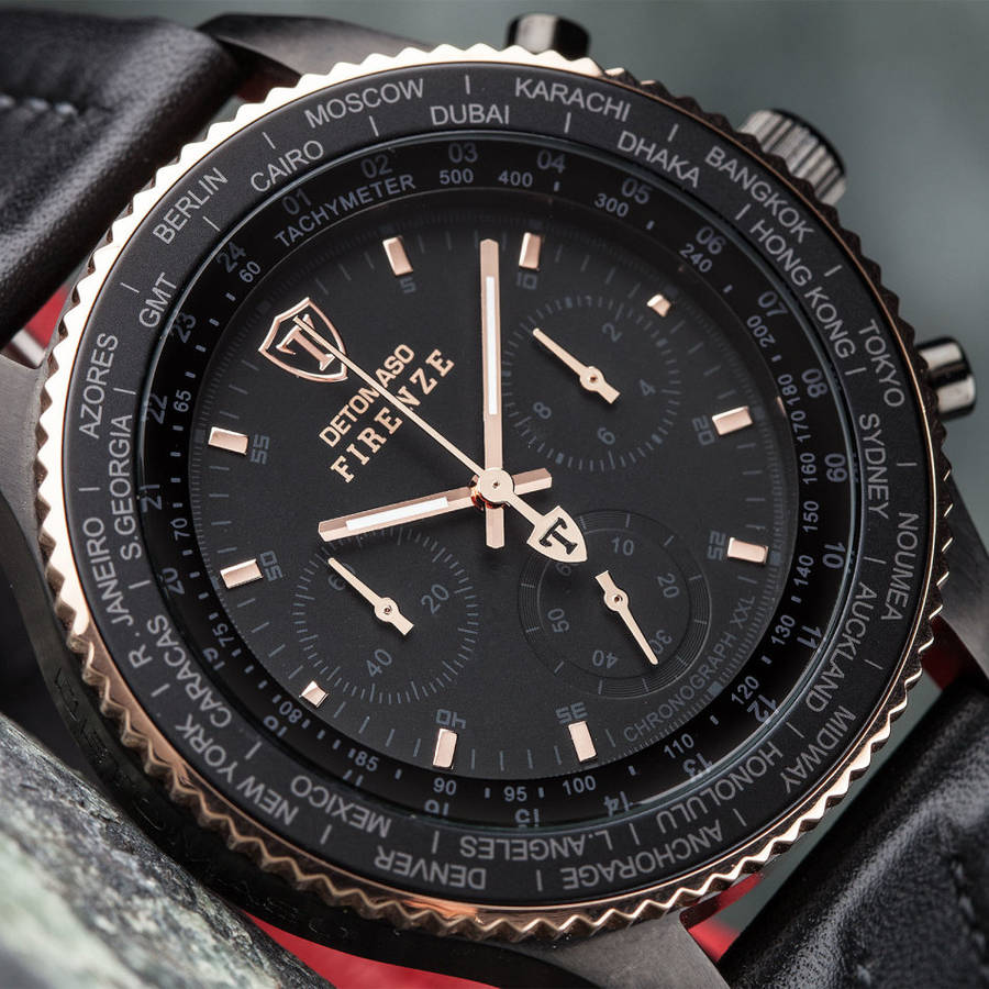NEW MEN I DETOMASO Firenze XXL Watch Chronograph Black Rosegold Stainless Steel Watch