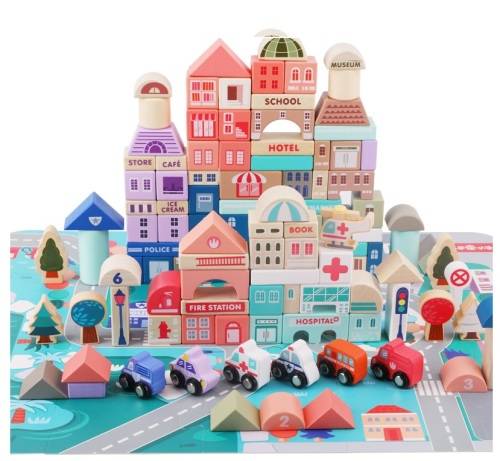 115 Piece Educational City Wooden Building Blocks for Toddlers, Kids, Children