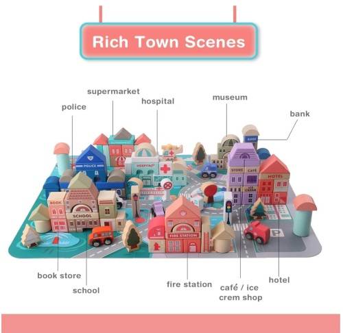 115 Piece Educational City Wooden Building Blocks for Toddlers, Kids, Children