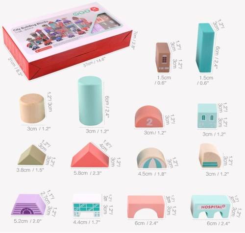 115 Piece Educational City Wooden Building Blocks for Toddlers, Kids, Children