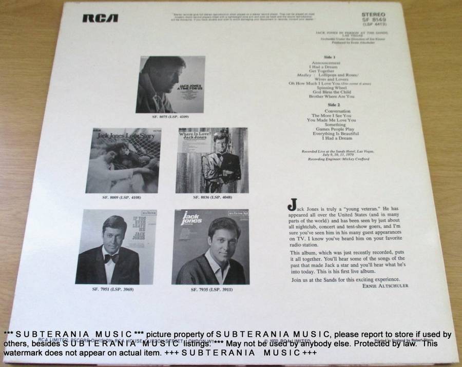JACK JONES  In Person at the Sands :as VegasVINYL RECORD