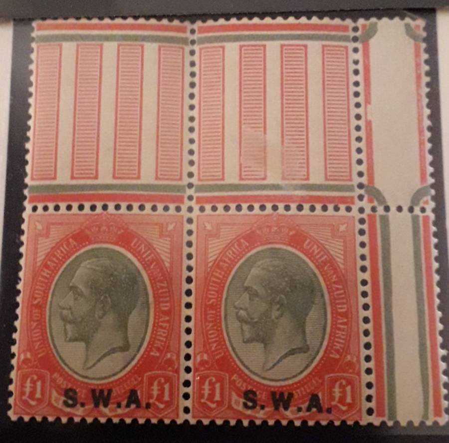 1927 S. W. A - 1 Pound Kings Head over stamp MNH corner positional pair
