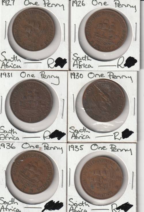 Nice lot of 6 SA pennies 1920`s and 1930`s