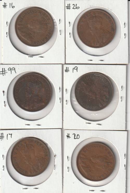 Nice lot of 6 SA pennies 1920`s and 1930`s