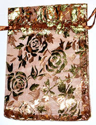 Brown with Gold roses Organza bags 80mm x 120mm (10pcs)