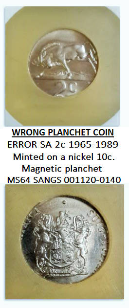 Error SA 2c- minted on a magnetic nickel 10c planchet. Graded MS64. Errors are rare in early coins