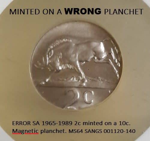 Error SA 2c- minted on a magnetic nickel 10c planchet. Graded MS64. Errors are rare in early coins
