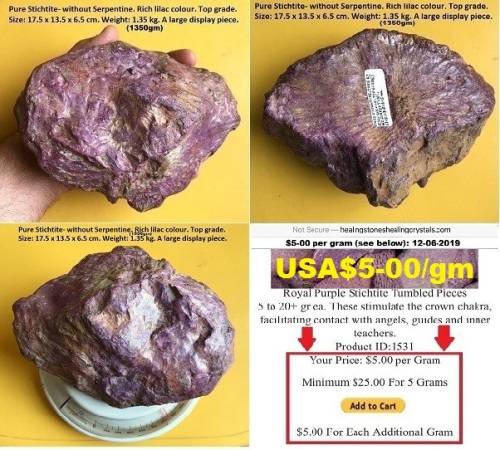 Pure Stichtite. Rich colour. Weight=1350gm (+-6750ct). Looks similar to Sugilite