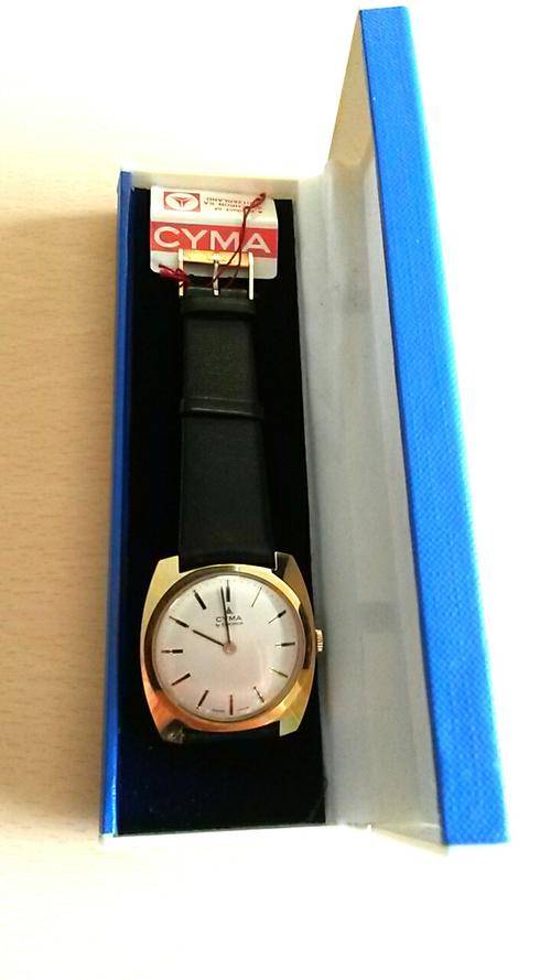 Rare Cyma Swiss made, vintage stock, never used watch with box, original strap and tag.