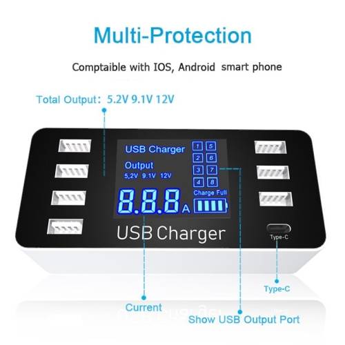 8 Port USB 2.0 + 3.0 + Type-C Intelligent Fast Charging Station Smart Charger