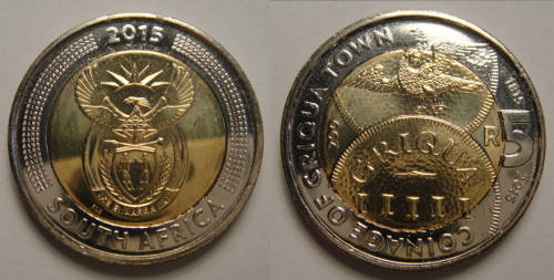 RARE LIMITED EDITION: GRIQUA TOWN 1815-2015 R5 BI-METAL COIN IN SA-MINT BAG AND CAPSULE