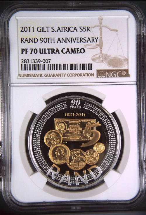 HOT - 2011 South Africa Silver R5 Rand 90th Anniversary  PF70UC