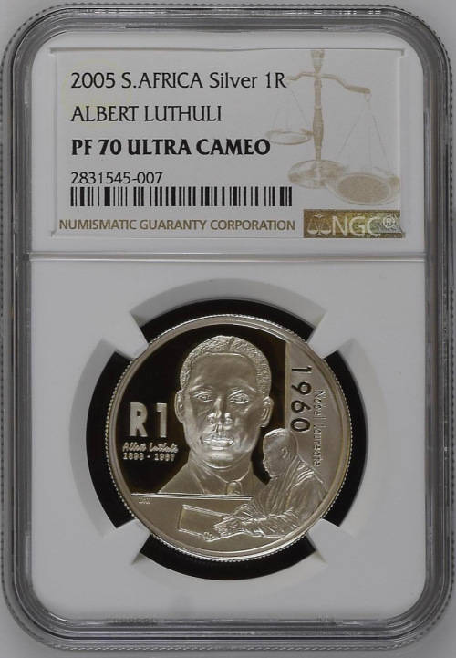 HOT - 2005 SOUTH AFRICA SILVER R1 ALBERT LUTHULI PF70UC