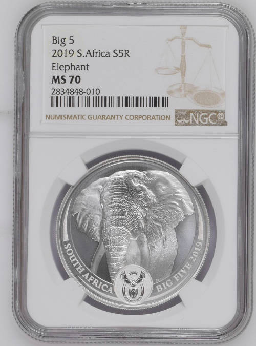 HOT - 2019 South Africa The Big 5 - Elephant 1 oz Silver R5 Coin NGC MS70 - FINEST KNOWN