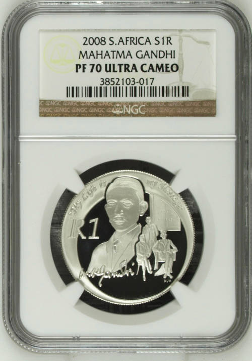 HOT - 2008 South Africa Silver R1 Mahatma Gandhi PF70UC