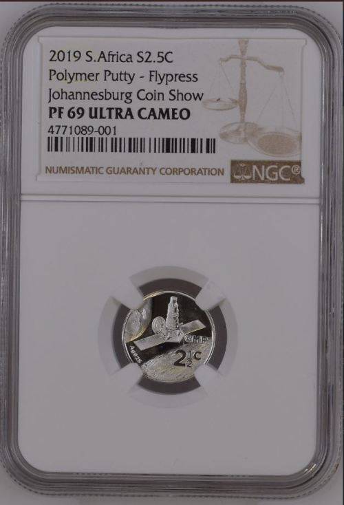 HOT FROM NGC - 2019 S.Africa Polymer Putty - Flypress Johannesburg Coin Show S2.5C PF69UC