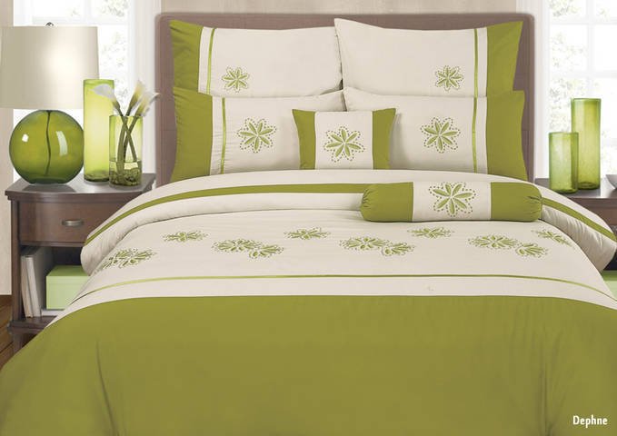 New: Dephney Duvet Set - Superior Quality, Cream/Limegreen 7pc: Super King