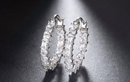 Platinum Plated Silver Hoop Earrings Paved with AAA Austrian Cubic Zirconia **FREE VELVET POUCH