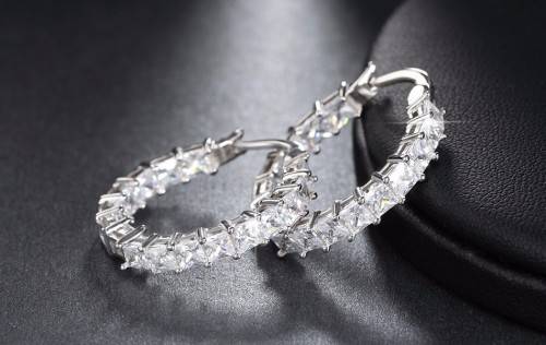 Platinum Plated Silver Hoop Earrings Paved with AAA Austrian Cubic Zirconia **FREE VELVET POUCH