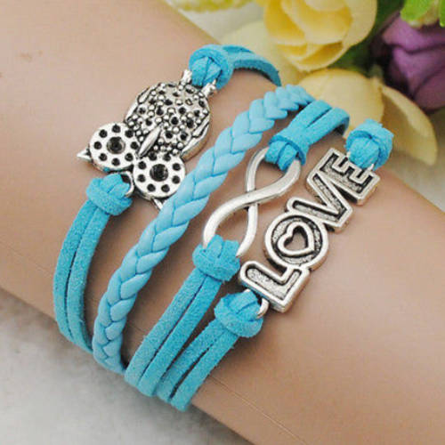 Love Infinity Owl Blue Leather Bracelet
