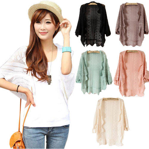 TO ORDER: Women Hollow Out Batwing Puff Sleeve Knitted Crochet Cardigan