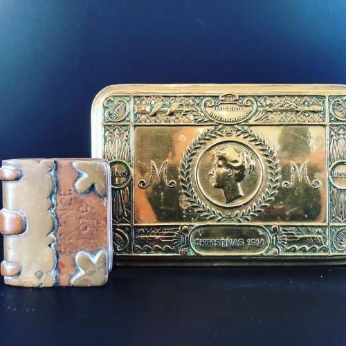 WW1 MILITARIA TRENCH ART LIGHTER AND SOLDIER`S CHRISTMAS TIN