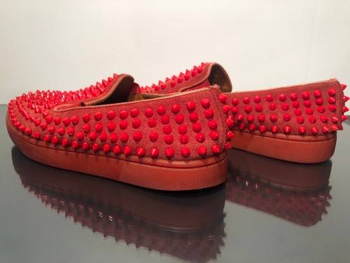 A Pair of Second Hand Christian Louboutin Red Spike Boat Shoes size 8.5