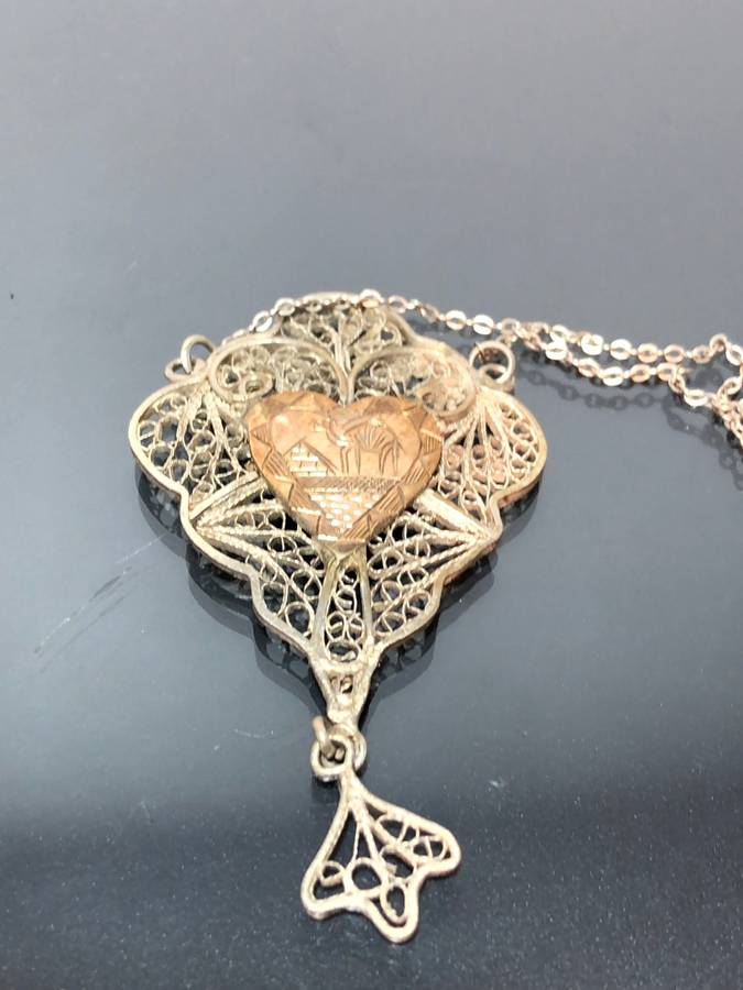 Egyptian Revival Art Deco Rose Gold and Silver Necklace