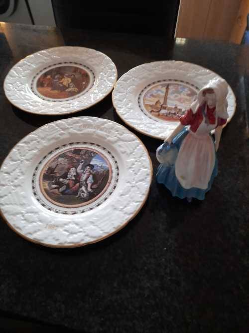 Three  plates and Royal Dalton The Royal Dalton has been repaired on the arm