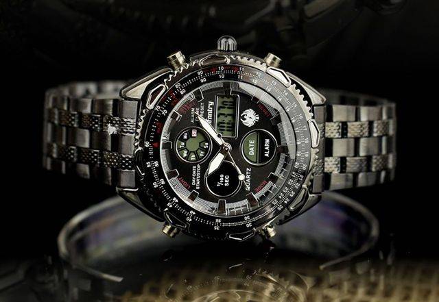 New Fashion Digital Analogue Black Stainless Steel Sport Alarm Quartz Army Watch
