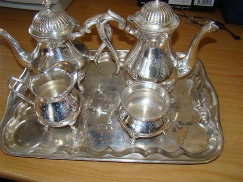 STUNNING ? SILVER PLATED 4 PIECE TEA SET IN NICE CONDITION ON A SILVER PLATED TRAY IT IS QUITE HEAV