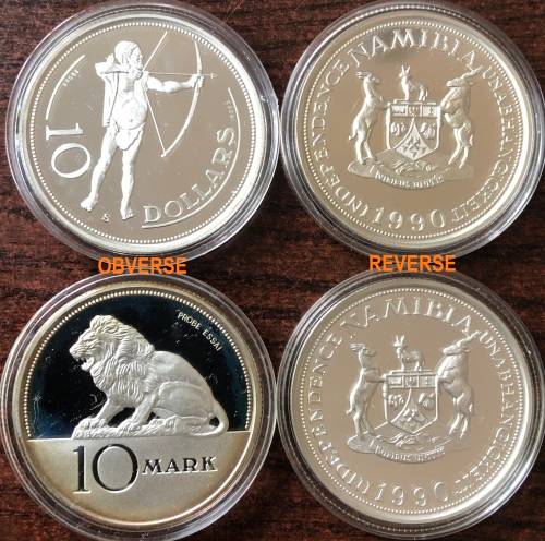 1990 Namibian Proof SILVER 10 Mark and 10 Dollar Pattern Coins (Set of 2)