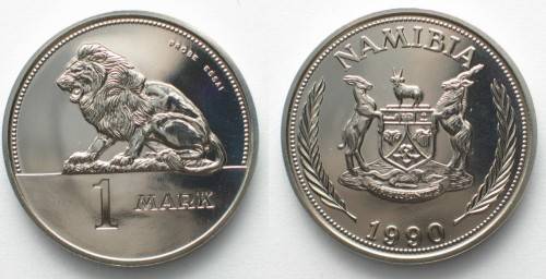 1990 Namibia UNC 1 Mark and 1 Dollar Pattern Coins (Set of 2)