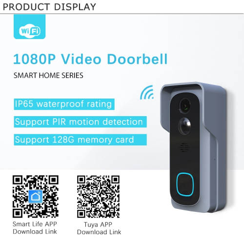 1080p WiFi Wireless Controlled Video Doorbell Supports PIR Motion Detection 2 x 18650 Batteries