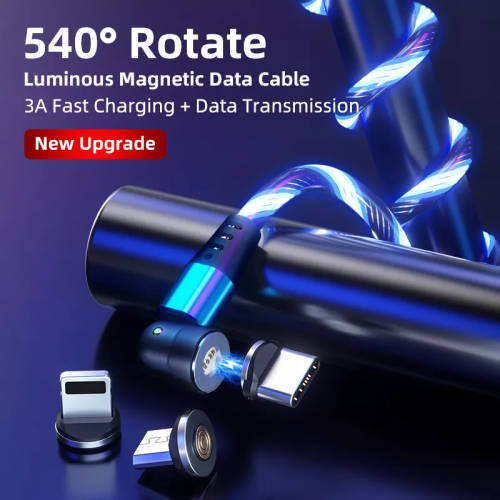 3 in 1 Luminous LED Magnetic Cable 3A Data Fast Charging 540 Rotatable 2m Micro, USB C, IOS (Blue)
