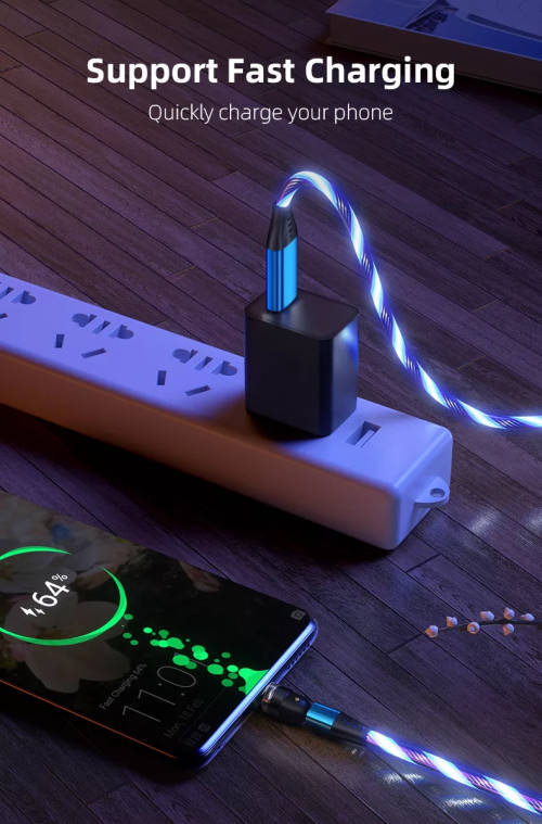 3 in 1 Luminous LED Magnetic Cable 3A Data Fast Charging 540 Rotatable 2m Micro, USB C, IOS (Blue)