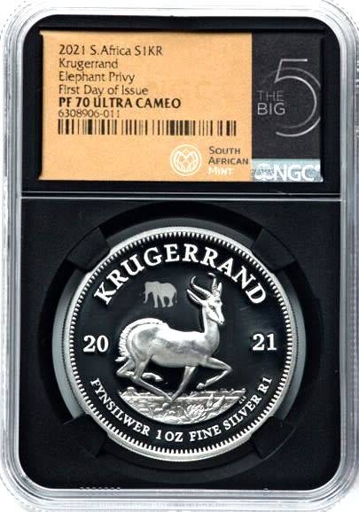2021 `BIG 5`ELEPHANT PRIVY PF70 ULTRA CAM-(low mintage 1000)`1st Day Issue BLACK SLAB 1 OZ SILVER KR