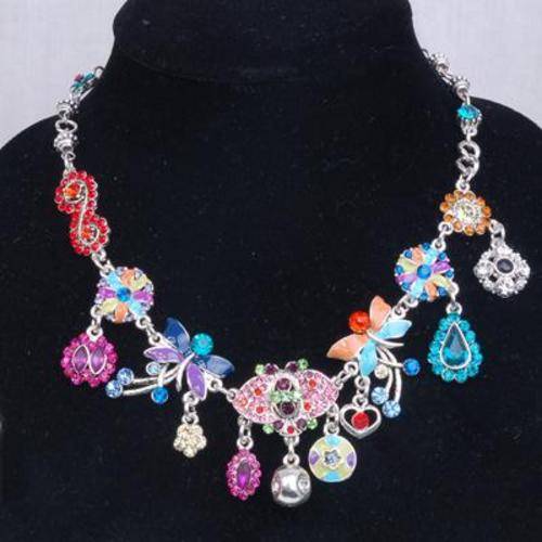 Rainbow Crystal and Lucite Enamelled Flower Necklace and Earrings SET