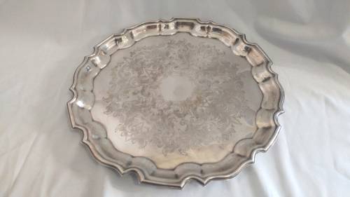 Lovely decorated silver plate tray /salver and 2 silver plate dwarf candlesticks