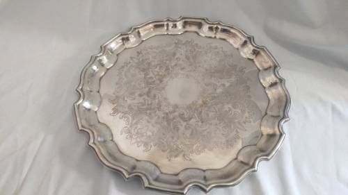 Lovely decorated silver plate tray /salver and 2 silver plate dwarf candlesticks