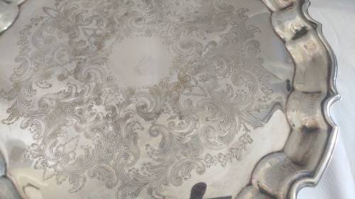 Lovely decorated silver plate tray /salver and 2 silver plate dwarf candlesticks