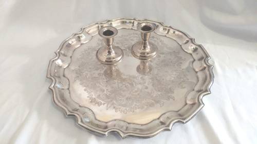 Lovely decorated silver plate tray /salver and 2 silver plate dwarf candlesticks