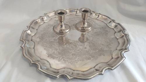 Lovely decorated silver plate tray /salver and 2 silver plate dwarf candlesticks