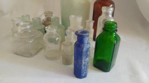 Delightful large 17 vintage ink, medicine glass bottle collection in blue and green